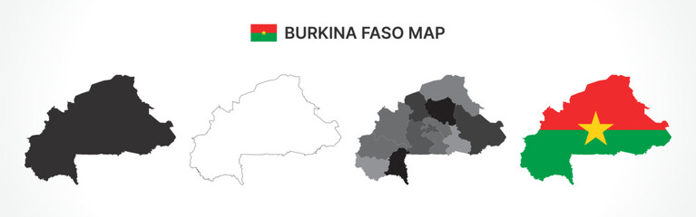 Detailed Burkina Faso Map Collection with Outline, Silhouette, Regions, and Flag Overlay Variations