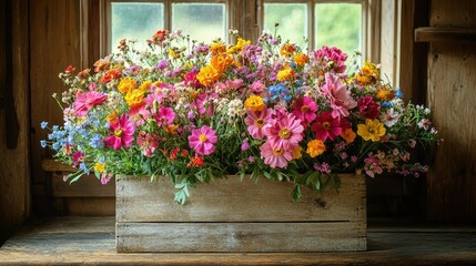 Colorful wildflowers in rustic wooden box, window background, summer cottagecore aesthetic