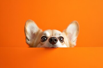 sweet young frightened corgi dog peeking out against a bright orange background