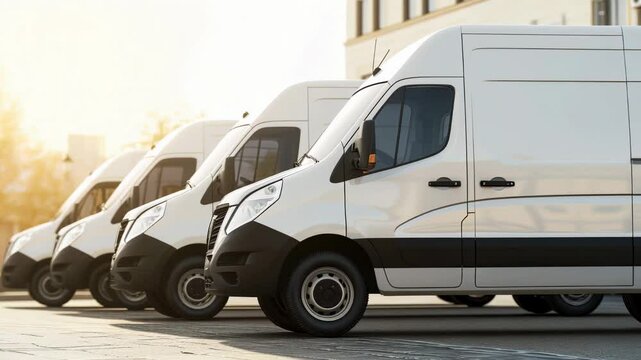 A fleet of shiny white delivery vans, complete with company logos, is lined up and ready for efficient and timely deliveries, parked in a storage lot on a sunny day.