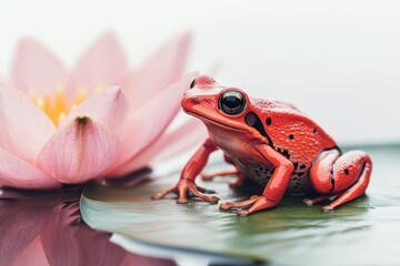 Red tree frog sitting on a lotus flower in calm surroundings