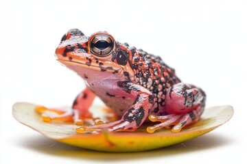Fototapeta premium Red and black spotted tree frog resting on a wet surface