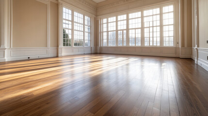 Obraz premium Spacious sunlit empty room with large windows and wooden floor