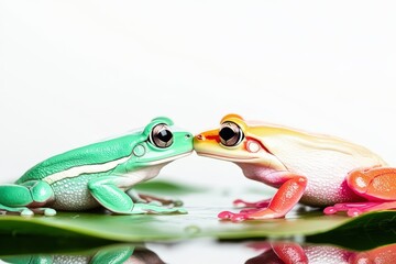 Naklejka premium Green and red tree frogs touching noses on a green leaf