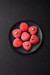 Delicious sweet mochi in the shape of red hearts
