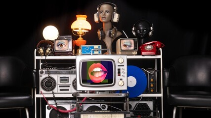 retro and vintage objects with lips and eye on the televisions