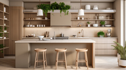 A kitchen with taupe-colored cabinets, beige marble countertops, and natural wood open shelving