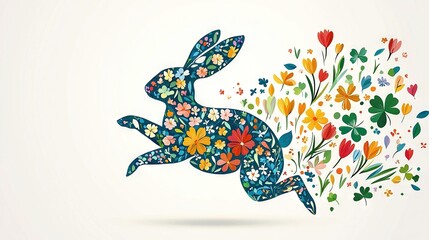 Obraz premium A flying rabbit with flowers and butterflies on its back The white background showcases the bouquet of flowers from which it's taking flight