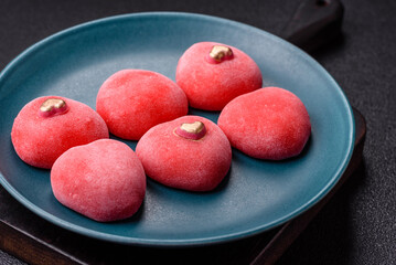 Delicious sweet mochi in the shape of red hearts
