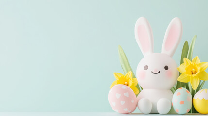 Obraz premium Charming easter bunny with daffodils, tulips, and painted eggs for festive spring decoration
