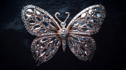 Diamond Butterfly Brooch on Dark Background, Jewelry Closeup