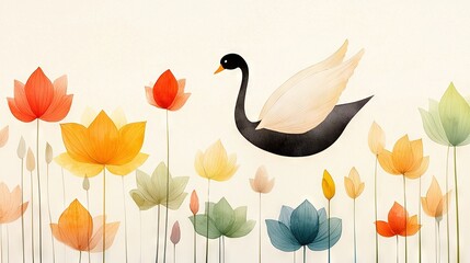 Obraz premium Black Swan over Orange Tulip Field
