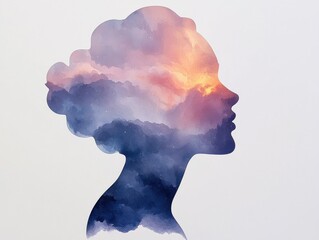 Dreamy silhouette of a woman against a colorful sky artistic watercolor serene environment side view imagination
