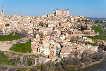Obraz premium photograph of the whole city of Toledo, in Spain, Europe. Monumental city very touristic with great mosques, Visigothic, Germanic, Arab and Roman churches.