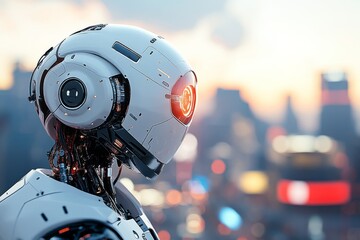 Fototapeta premium Futuristic robot observing the skyline at sunset in a vibrant cityscape filled with towering buildings and glowing lights
