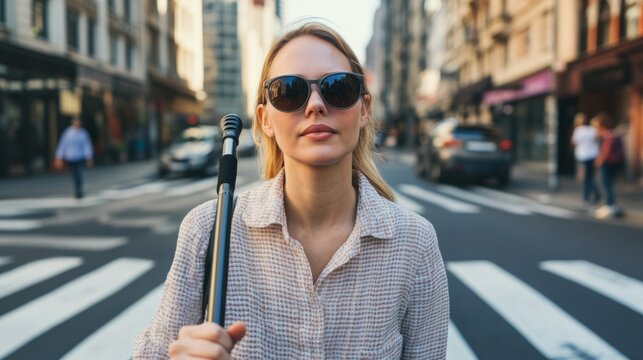 visually impaired woman using her cane to cross a pedestrian crossing, dressed in a casual suit and sunglasses generative ai