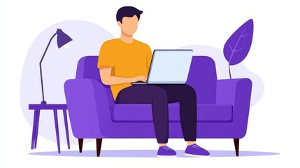 Young man working on a laptop while sitting on a purple sofa in a cozy living room setting