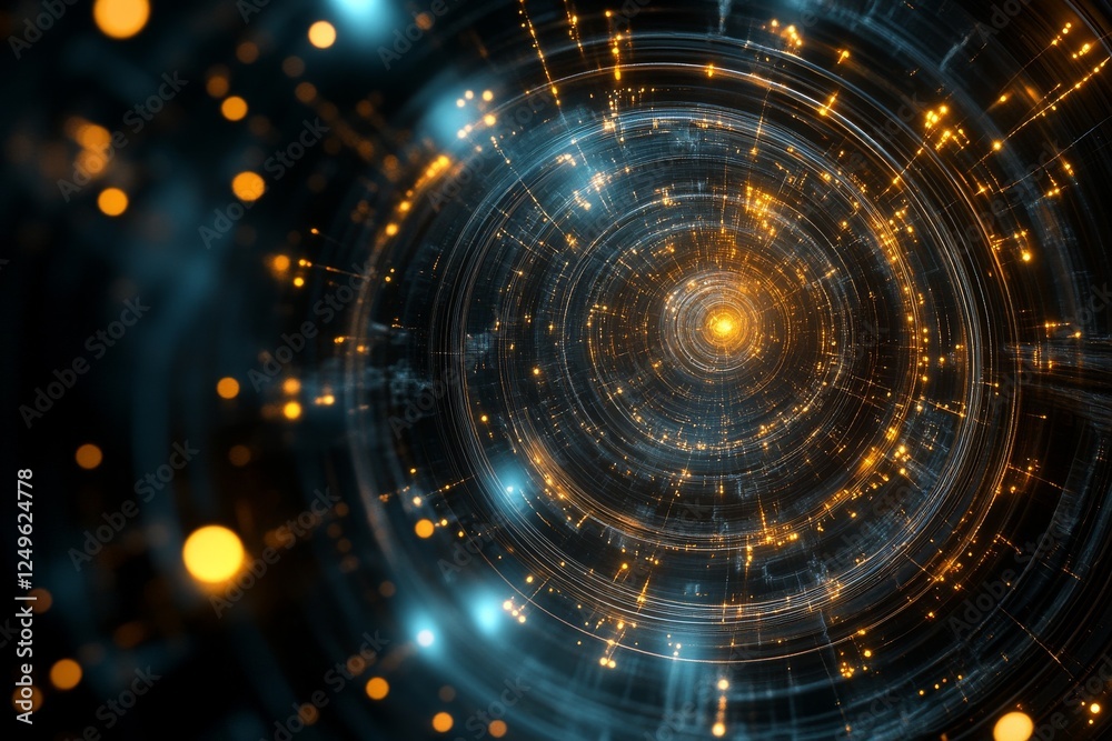 Poster dynamic cosmic tunnel filled with glowing lights and intricate patterns observed from a central poin