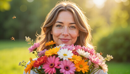 Fototapeta premium Joyful woman holding colorful bouquet in sunny garden, natural beauty