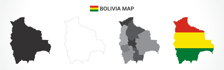 Detailed Bolivia Map Collection with Outline, Silhouette, Departments, and Flag Overlay Variations