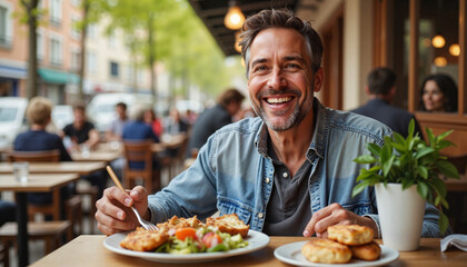 Happy man enjoying a meal at a lively cafe, urban dining experience