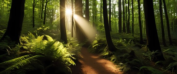 Inviting closeup of warm sunlight filtering through a dense forest illuminating pathways filled with vibrant greenery and serenity