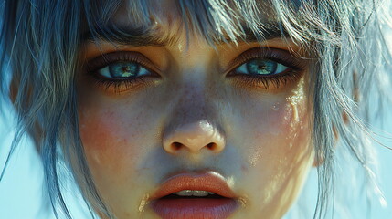 Close-up of a young woman with striking blue eyes and silver hair in bright light reflecting emotions and beauty