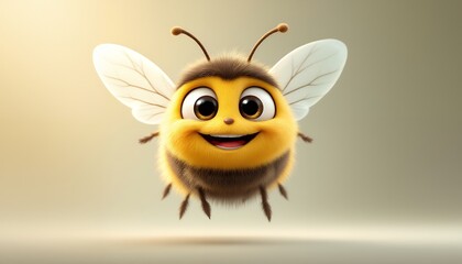 Obraz premium Cute Smiling Bee Character Flying with Wings Outspread on Light Background
