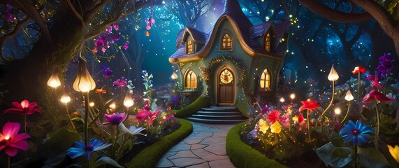 Intricate depiction of a whimsical fairy garden where Colorful Flowers Blooming Intertwined with Sparkling Lights and Magic Dust