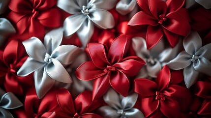 A vibrant close-up view of beautifully crafted red and silver ribbon flowers, showcasing a stunning array of delicate craftsmanship and vibrant colors that catch the eye.