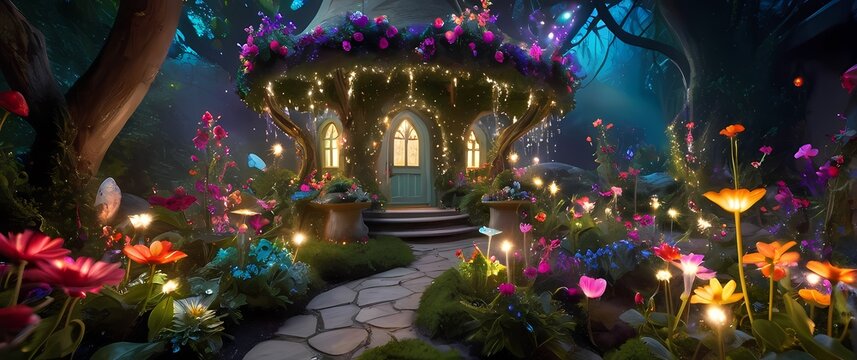 Intricate depiction of a whimsical fairy garden where Colorful Flowers Blooming Intertwined with Sparkling Lights and Magic Dust