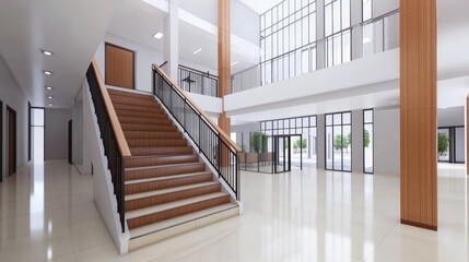 Modern interior of a spacious lobby featuring a staircase, large windows, and natural lighting