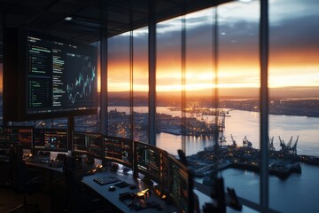 Sunset view from financial trading office overlooking harbor and city skyline