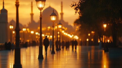 Serene evening stroll along a well-lit promenade with silhouetted figures against a sunset backdrop