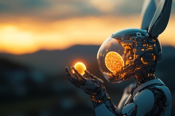 Robot with bunny ears holds glowing orbs during sunset in a futuristic landscape