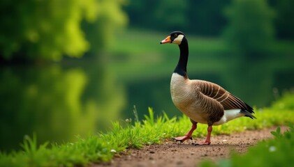 Obraz premium Goose strolling lakeside path, lush green reflection, waterfowl, Canada goose, shadows