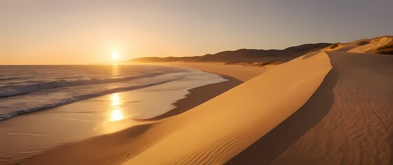 Fabulous Image of a Serene Beach at Sunrise The Soft Sand Dunes Bathed in Golden Light and the Gentle Waves Caressing the Shore