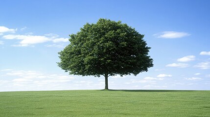 Fototapeta premium Bright summer day showcases a large oak tree casting shadows in a green field, with birch trees in the foreground under a clear blue sky