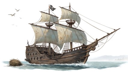 Illustration of a pirate ship sailing on the ocean, flying the Jolly Roger flag