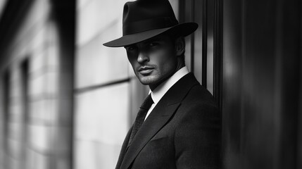 This striking black-and-white portrait showcases a fashionable man in a fedora and suit, embodying elegance, sophistication, and timeless style in urban settings.