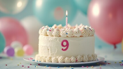 Celebrating a vibrant birthday with a delicious cake adorned with a candle and festive balloons, creating a joyful atmosphere for a 9th celebration