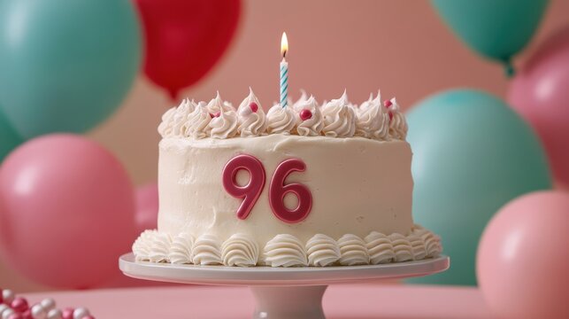 Celebrating a special occasion with a beautifully decorated 96th birthday cake surrounded by colorful balloons