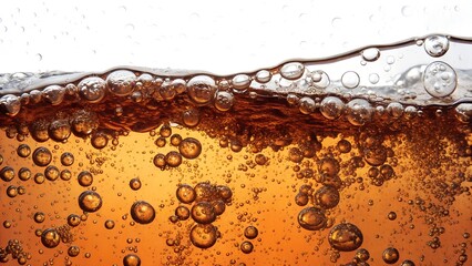 Close-up shot of a brown, fizzy beverage filled with bubbles.