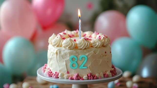 Celebrating of a 82nd milestone birthday with a beautiful cake adorned with vibrant decorations and a single glowing candle