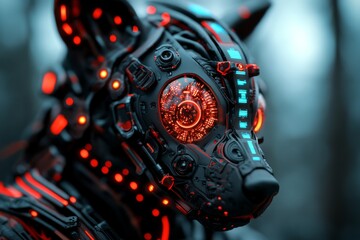 Futuristic robotic dog with glowing features stands in a dark forest environment showcasing advanced technology
