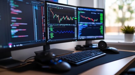 Naklejka premium Modern workspace with dual monitors displaying financial data and graphs, bright window view