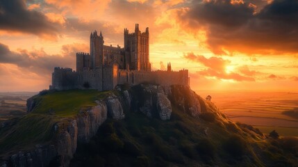 Fototapeta premium Majestic Castle Perched Upon a Cliff at Sunset