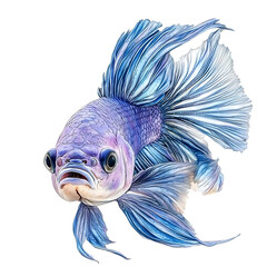 A beautifully detailed, blue and lavender betta fish swims with its elegant fins spread, isolated on a white background.