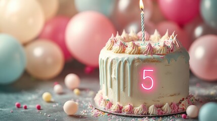 Celebrating a joyous fifth birthday with a delightful cake adorned with pastel decorations and a shimmering candle