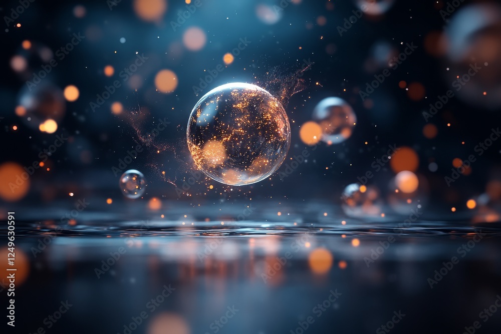 Poster floating orbs create a mesmerizing display of light and color in a dark, mystical setting